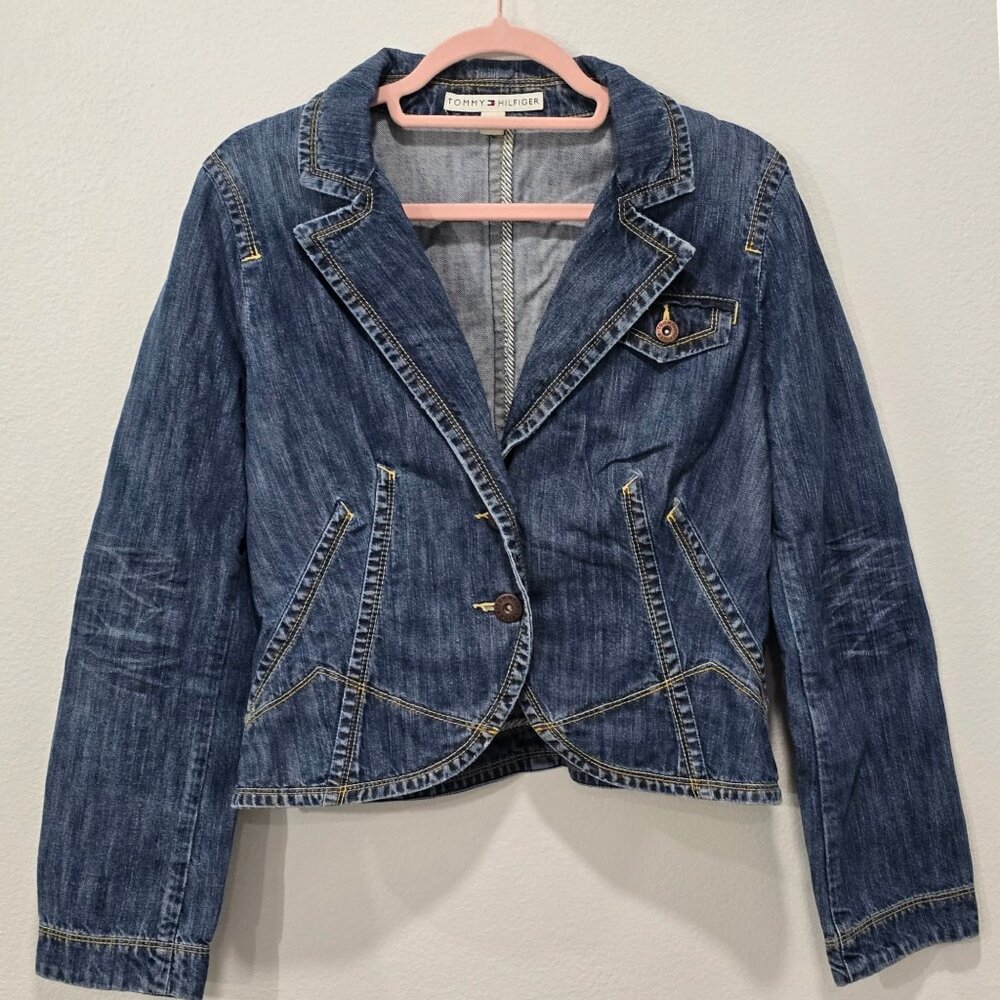 Tommy Hilfiger ✦ Denim Tailored Jacket ✦ Blue Striped Elbow Patch Structured M - Picture 2 of 12